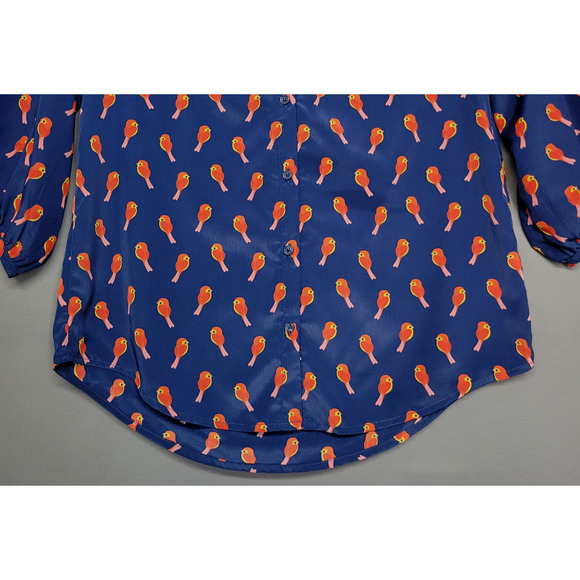 Old Navy Bird Print Button Top Womens S Blue Red Low V-Neck 3/4 Sleeve Whimsical - Picture 5 of 12